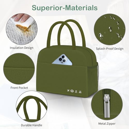 DALINDA Lunch Bag Lunch Box for Women Men Reusable Insulated Lunch Tote Bag High Capacity for Travel Work Picnic,army green - color: Army Green, size: Oxford cloth