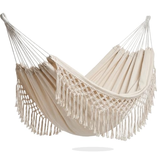 PNAEUT Double Hammocks for Outside, Replacement Outdoor Tree Hammock for Indoor Patio Porch Garden (Tassel Beige, Medium) - color: Tassel Beige, size: Medium