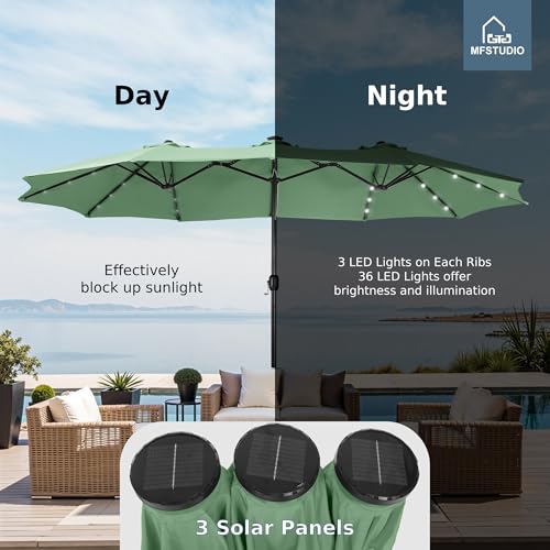 MFSTUDIO 15ft Double Sided Patio Umbrella with Solar Lights, Outdoor Large Umbrellas with Crank Handle and 36 LED Lights, Rectangular Market Umbrella with Base Included for Deck Pool Shade, Mint Green - color: Mint Green
