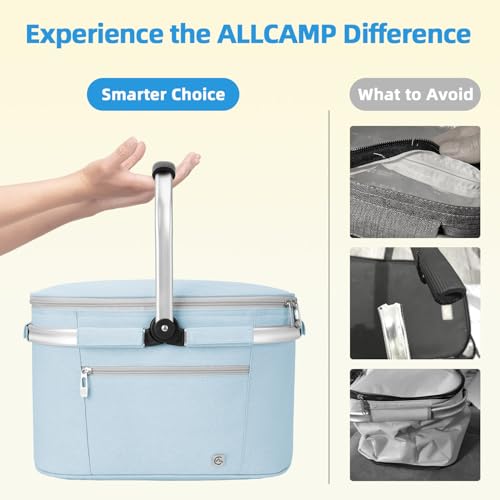 ALLCAMP Picnic Basket - Insulated Cooler, Thickening Foldable Picnic Basket with Removable Baskets & Sewn-in Frame, Basket for House Warming Gifts New Home(Light Blue) - color: Light Blue, size: Medium