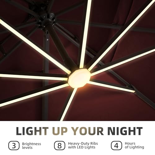 9 X 12 FT Cantilever Patio Umbrella with Led Lights and Base Included Outdoor Heavy Duty Double Top Rectangle Offset Umbrellas with 360-degree Rotation for Pool Deck Backyard, Wine Red - color: Wine Red, size: 9' X12' Weighted Base Included(LED)