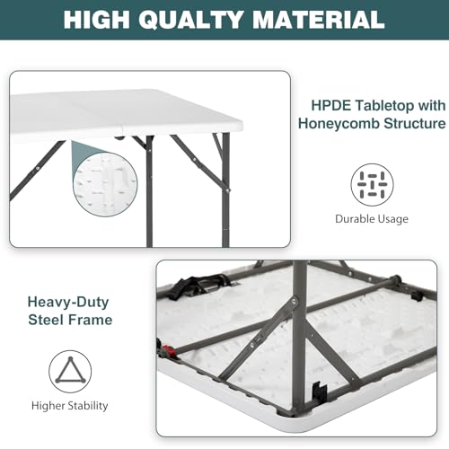 FDW 34" Square Outdoor Dining Table, Foldable Portable Plastic Folding Card Table with Built in Carrying Handle and Height Adjustable for Party and Wedding Use, White - color: White, size: 34"