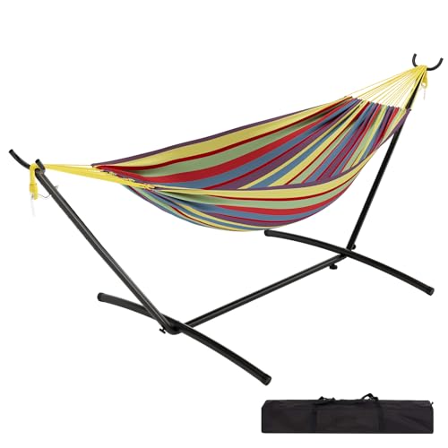 Double Hammock,Outdoor Portable Hammocks, Heavy Duty Hammock with Space Saving Steel Stand Included and Carry Bag, 450lb Capacity Standing Hammocks for Outside Garden Yard