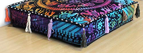 ICC Large Square Cotton Mandala Cushion Cover Hippie Ottoman Pouf Cover Daybed Floor Pillow Cover with Heavy Duty Zipper Seating Ottoman Poufs Dog-Pets Bed (Multi UP Elephant, 18" Square) - color: Multi Up Elephant, size: 18" x 18" (Pack of 1)