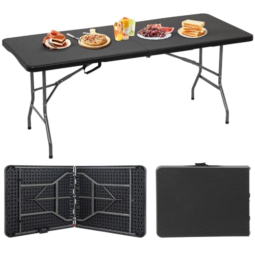 BestOffice Outdoor Folding Camping Table Plastic Table Portable Square Height Dining Table Perfect for Picnics,Parties,Party and Camping,Black Ratten - color: Black Ratten, size: 6 FT
