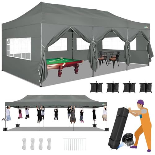 COBIZI 10x30 Heavy Duty Pop up Canopy with 8 sidewalls Stable Wedding Outdoor Tents for Parties Canopy Pop Up Party Tent UPF 50+ Waterproof Commercial Gazebo with Roller Bag, Gray Upgraded - color: Light Grey, size: 10x30 With 8 Sidewalls