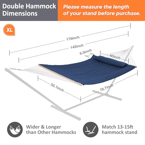 SUNCREAT Hammocks Outdoor Double Hammock with Hardwood Spreader Bar, 475 lbs Capacity, Heavy Duty 15 FT Hammock with Large Soft Pillow, Dark Blue - color: Dark Blue