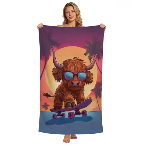 Highland Cow Beach Towel, Cute Brown Highland Cow with Sunglass Skateboarding Towels, Sunset Palm Tree Absorbent Sand-Free Bath Towels for Swimming Surfing Travel, Oversized 32x52 - color: Highland Cow