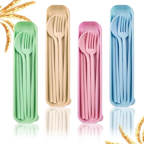 4 Sets Reusable Utensils Set with Case,Camping Cutlery Set Travel Silverware Set with Case Lunch Utensils Set for Work,Utensil Sets for Lunch Picnic Daily Use Outdoor (COLOR A) - color: COLOR A