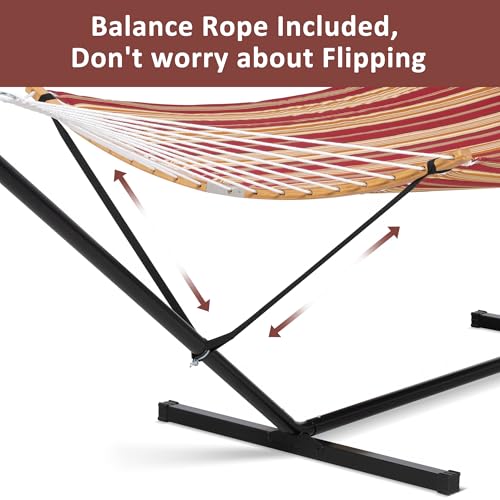 SUNCREAT Hammocks Portable Hammock with 12 ft Stand Included, Double Hammock with Curved Spreader Bar, Red Stripes - color: Red Stripes