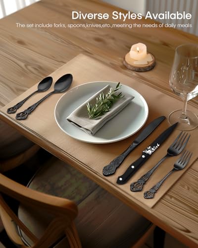 Black Silverware set with Steak Knives, Ollex 24PCS Retro Royal Flatware Set for 4 with Box, Food-Grade Stainless Steel Utensil Sets Includes Spoons Forks and Knives, Mirror Finish Dishwasher Safe - color: Black
