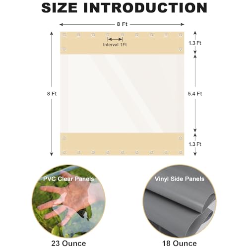 Clear Vinyl Curtains for Patio Enclosure, 23oz Heavy Duty Waterproof Anti-UV and Tear-Resistant Tarpaulin with Grommets, Weatherproof Panels for Porch, Pergola, Gazebo, Balcony, Outdoor - color: Khaki, size: 8'H X 8'W