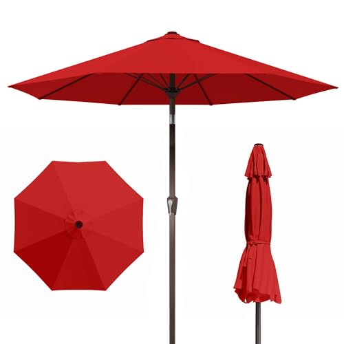 PatioKingdom Auto-Tilt 9FT Patio Umbrella Outdoor with 8 Sturdy Fiberglass Ribs,Market Table Umbrella for Pool,Backyard,Deck and Garden - color: Red, size: 9FT