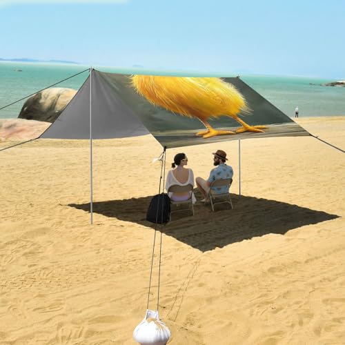 Cartoon Funny Pet Chicken Inquisitive Foldable Beach Tent UPF50+ Easy Setup Sun Shade with Sand Shovel, Sandbags for Family Trips, Picnics & Camping