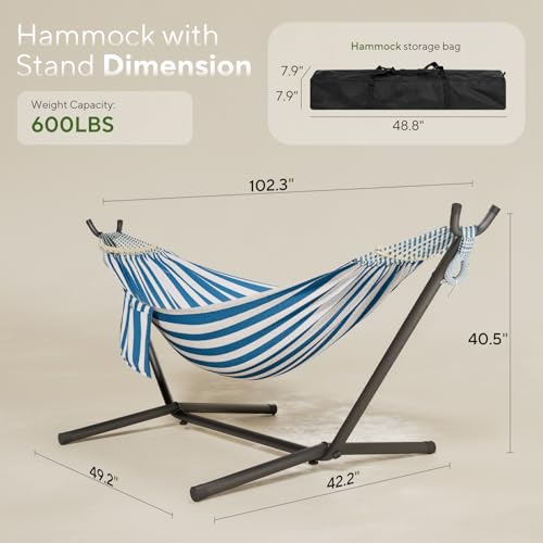 600lbs Hammock with Stand for Outside, 2 Person Portable Hammock with Side Storage, Carrying Bag, Expend Wooden Bar for Outdoor or Indoor (Blue White) - color: Blue White