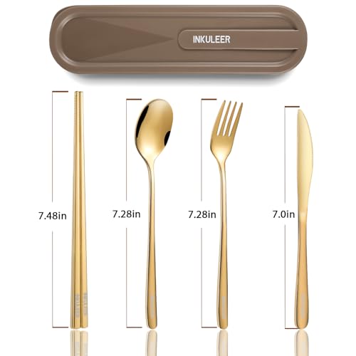 Travel cutlery set, 18/8 stainless steel cutlery, Reusable utensils set with case, Portable Silverware Lunch Box for Camping and Office (Rose Gold/knife set) - color: Rose Gold