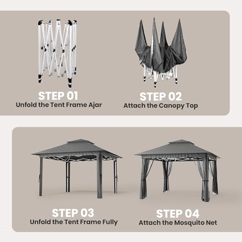Bealife 11x11 Pop Up Gazebo Tent with Mosquito Netting, Instant Gazebo, Party Tent with Roller Bag, Pop Up Canopy Tent for Parties Patio Lawn Backyard Garden Deck, Grey - color: Gray