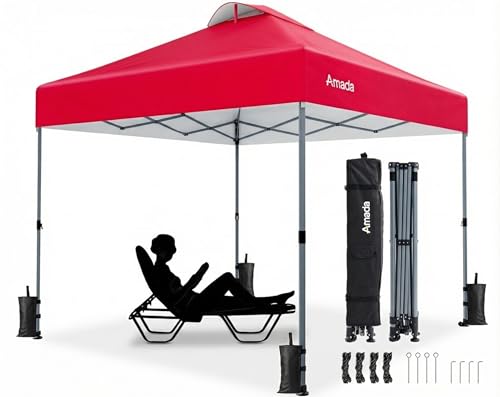Amada 10x10 Pop Up Canopy Tent, 1-Button Push Easy-up Outdoor Canopy Beach Tent with 3-Height Adjustable Waterproof Shade Shelter, Wheeled STO-N-Go Bag 8 Stakes, 4 SandBags (Red) - color: Red, size: 10x10ft