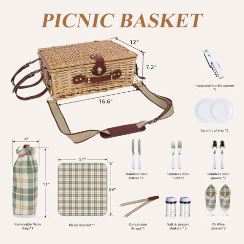 Picnic Basket for 2 with Blanket, Willow Picnic Basket Set with Shoulder Strap&Wine Pouch, Large Willow Hamper with Insulated Cooler for Outdoor, Camping, Beach, Couples, Wedding Gift - color: Green and Yellow Grid