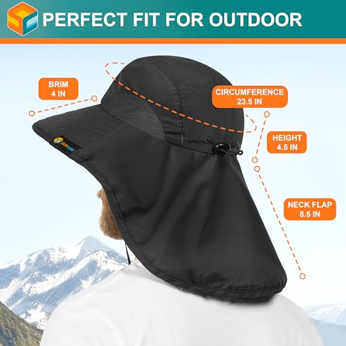 SUN CUBE Wide Brim Sun Hat with Neck Flap, UPF50+ Hiking Safari Fishing Hat for Men Women, Sun Protection Beach Hat - color: Black