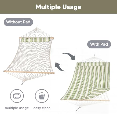 SUNCREAT Portable 2 Person Hammock with Hardwood Spreader Bar, Cotton Rope Outdoor Hammock with Polyester Pad, Green&Beige - color: Green&beige
