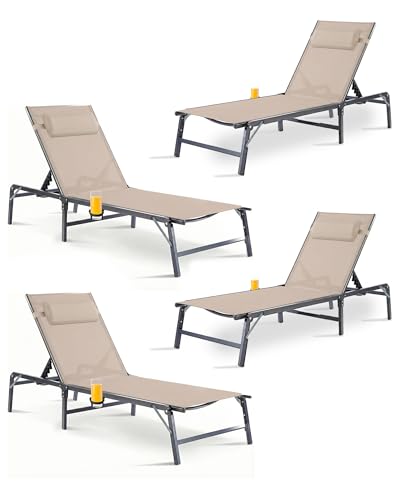4 Pack Foldable Chaise Lounge Chair with Cup Holder, Assemble-Free Outdoor Lounge Chair with Detachable Pillow and 6 Adjustable Backrest, Patio Lounge Chair for Outside Poolside Beach Pool, Khaki - color: Khaki, size: 4-Pack