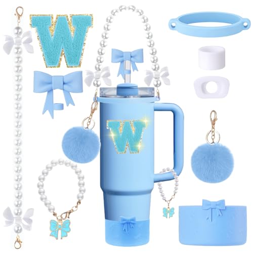 9pcs Stanley Cup Accessories Set- for 30oz 40oz Tumblers with Handle - Bule Kit Includes Bow Straw Topper and Boot, Charm, Pearl Handle Strap & Stickers - Aesthetic Girl Gifts (W) - color: W