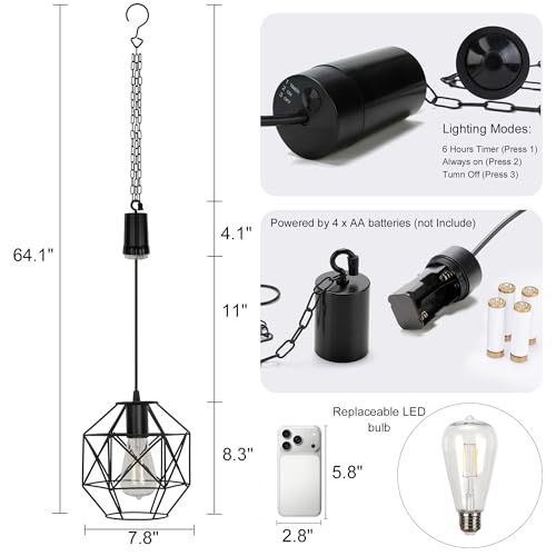 Battery Operated Hanging Lantern Outdoor, Waterproof Metal Pendant Light with 6 Hours Timer, Battery Powered Gazebo Lantern for Porch Pergola Patio Garden Indoor Decor