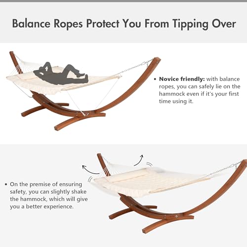 ANOW Heavy Duty Curved Wood Arc Stand with 2 Person Rope Hammock, 13.5FT Larch Wood Stand with 2 Chains, 4 Balance Ropes and 4 Carabiners, Includes Cream Hammock with Spreader Bars - color: Cream