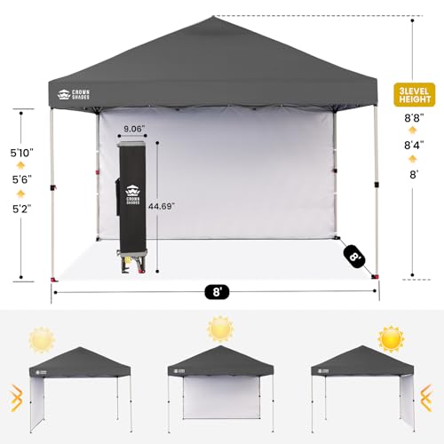 CROWN SHADES 8x8 Pop Up Canopy with 1 Side Wall - Beach Tent with One Push Setup - Outdoor Sun Shade for Events, Parties, Camping - Gazebo with STO-N-Go Cover Bag (Grid Grey) - color: Grid Grey, size: 8x8FT