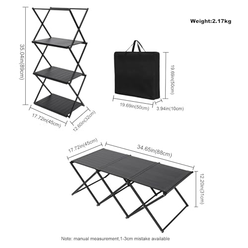 Portable Collapsible Table 3Tier Storage Racks Dual Purpose Folding Lightweight Aluminum Roll Up Large 3ft for Indoor Outdoor Picnic Backyard Camp Kitchen