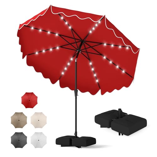 Tangkula 10 FT Solar Patio Umbrella with Base Included, 2-Tiers Outdoor Scalloped Table Umbrella with 32 LED Lights, 2 Sandbags, Tilt Adjustment, Crank, 8 Ribs for Market Backyard Pool Deck Beach Lawn (Red, 10 FT) - color: Red, size: 10 FT