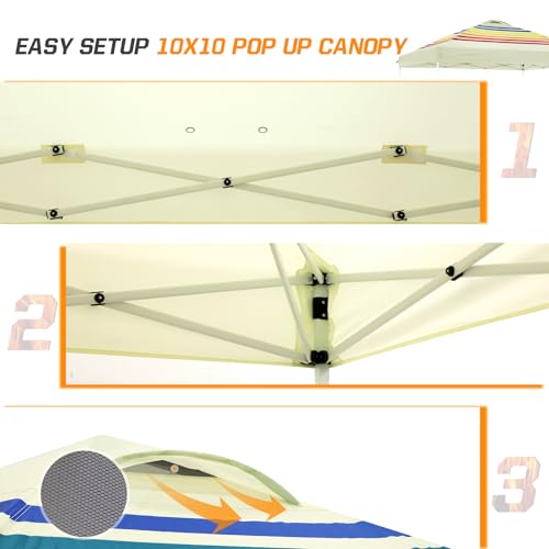 EAGLE PEAK Pop Up Canopy Tent with Wheeled Carry Bag, 8 Stakes, 4 Ropes, 4 Weight Bags, Easy Set Up Tent Canopy, 10x10 ft, 100sqft of Shade, Retro Stripe Tan - color: Retro Stripe Tan, size: 10x10