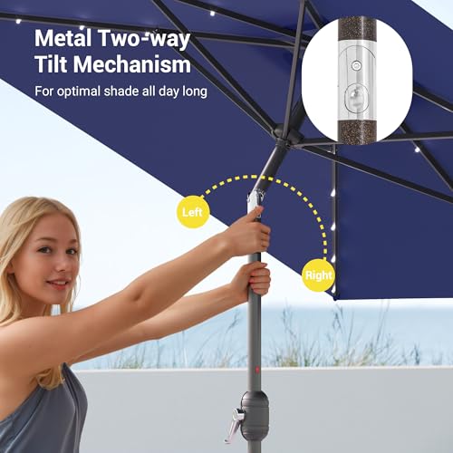 Rectangle Patio Umbrella with Solar Lights, 10 x 6.5ft Rectangular Outdoor Umbrella Table Market Patio Umbrella with Push Button Tilt and Crank for Garden, Deck, Backyard, Pool - color: Navy