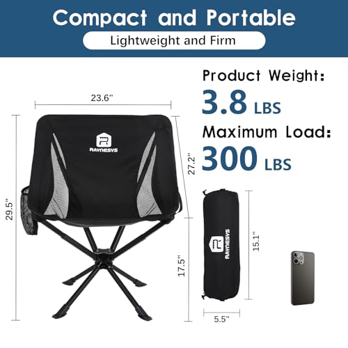 Raynesys 1 Pack Portable Camping Chair, Flexible 360° Rotation, Easy Carry, 8 Seconds Quick Setup Folding Camping Chair, 3.8Lb Lightweight Folding Chairs for Hiking, Beach, Sporting, Travel - color: Black, size: 1 Pack