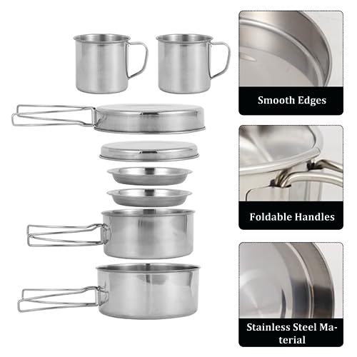 Camping Cooking Set 8PCS Stainless Steel Camping Cookware Portable Cooking Pot and Pan Set with Plates Cups for 5-6 Adults Outdoor Hiking Picnic BBQ, Camping Pots and Pans Set