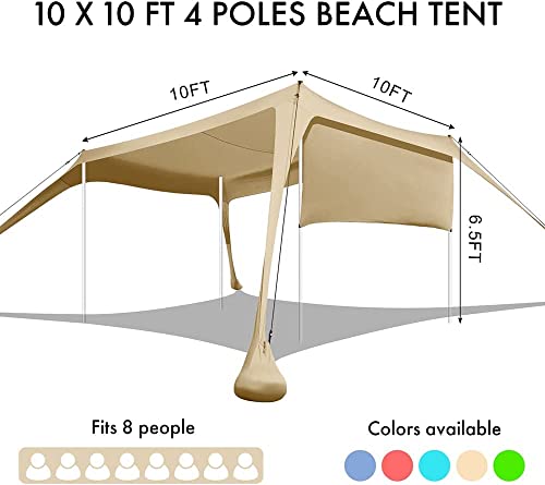 Beach Canopy Tent Shade with Sidewalls 10x10FT, 6.6FT Tall, UPF50+ Sun Shelter, Windproof & Water Resistant, Includes Guylines Sand Shovel Stability Poles, Easy Up for Beach Outdoor Camping Backyard - color: Flaxen