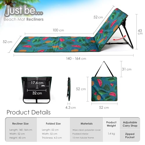 just be... Beach Sun Mat Folding Lightweight Portable Adjustable Sunbathing Recliner with Backrest Support and Valuables Pocket for Holidays Garden Camping Park and Festivals - Tropical - color: Tropical Green