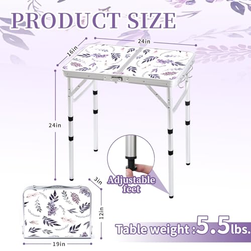Yriuat Folding Camping Table 2ft Portable Pinic Table Adjustable Height Small Card Table Aluminum Foldable Lightweight with Carry Handle for Outdoor Indoor Hiking Camp BBQ Beach (Misty Lilac) - color: Misty Lilac, size: 24"l X 16"w X 24"h