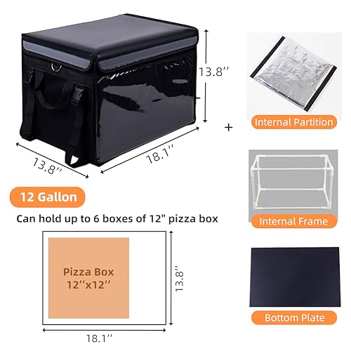Insulated Bags For Food Delivery XL - 18.1" x 13.8" x 13.8", Commercial Insulated Food Delivery Bag w/ Divider, Waterproof & Foldable Catering Bag Food Deliveries, Delivery Pizza Bags 12 Inches - color: Black, size: 48 L