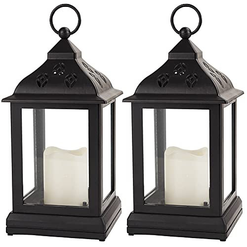 2-Pack 9.5" Vintage Decorative Candle Lantern with LED Flickering Flameless Candle (Black, 8hr Timer) - Indoor Hanging Lanterns Decorative Lanterns Battery Powered LED Candle Timer Candle - color: Black