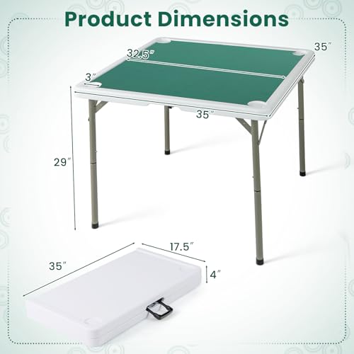 Goplus Mahjong Table, 35" Square Folding Card Table w/4Cup Holders, Anti Slip Mat, HDPE Tabletop, Metal Legs, Portable Mahjong Game Table for Domino Game, Picnic (Table w/Removable Mat, Pure Green) - style: Pure Green, Table w/Removable Mat