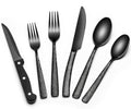 EWFEN 24-Piece Black Silverware Set with Steak Knives, Black Flatware Set for 4, Food-Grade Stainless Steel Tableware Cutlery Set, Mirror Finished Utensil Sets for Home Restaurant, Wave Hammered - style: Wave Hammered