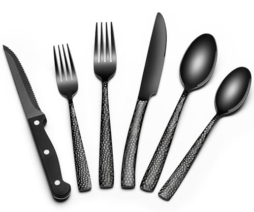 EWFEN 24-Piece Black Silverware Set with Steak Knives, Black Flatware Set for 4, Food-Grade Stainless Steel Tableware Cutlery Set, Mirror Finished Utensil Sets for Home Restaurant, Wave Hammered - style: Wave Hammered