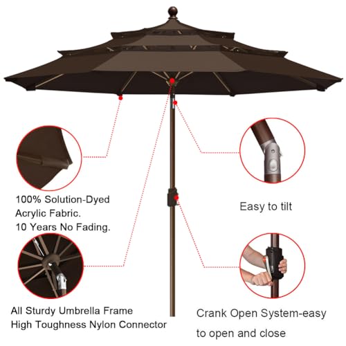 EliteShade USA 10-Year-Non-Fading 9ft 3-Tier Market Patio Umbrella, Commercial Grade Outdoor Table Umbrella with Crank Open, Windproof & UPF 50+ UV Protection, Heavy Duty Ventilation for Garden, Deck, Pool, Backyard, Beach & Bistro, Chestnut - color: Ches