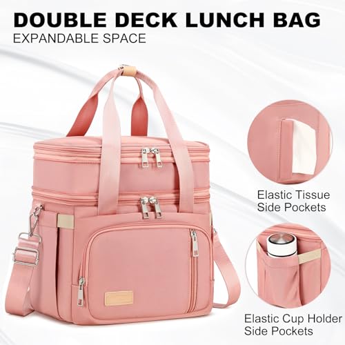MAPLELILY Lunch Box for Men Women - Double Deck Insulated Lunch Bag, Large Leak Proof Tote Cooler, Wide Open Dual Compartment Lunch Bags with Shoulder Strap, For Work Picnic Hiking Beach, Pink - color: Pink