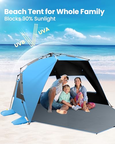 OutdoorMaster Beach Tent with Blackout Shelter Technology, Portable Sun Shade Shelter 4 Person, Pop Up Beach Tents with UPF 50+ UV Protection, 9.5mm Thick Pole, 3 Ventilating Mesh Windows -Blue - color: Blue