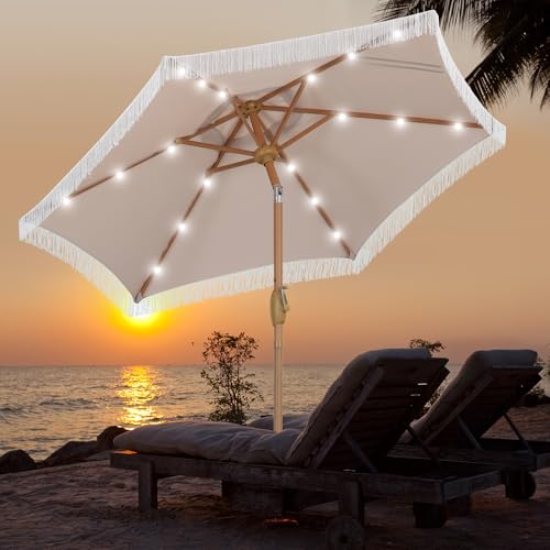 GDY 7.5ft Tassel Patio Umbrella and Matching Base, Outdoor Table Umbrella with 18 LED Lights,Market Umbrella with 6 Sturdy Ribs, with Push Button Tilt and Crank, Camel - color: Camel+18 Lights, size: Umbrella+Base