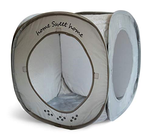 Feline Ruff Home Sweet Home Pop Up Cat Cube. A Collapsible Indoor Cat House. Covered Pet Bed Hideaway Cave for Dogs and Other Pets Too. (Pop Up Cube- Gray)