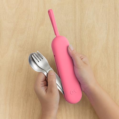 Omie OmieBox Travel Utensil Set | Fork and Spoon with Case for Easy Travel | Stainless Steel Fork and Spoon | Pink - color: Pink, size: Age: 9+ Years